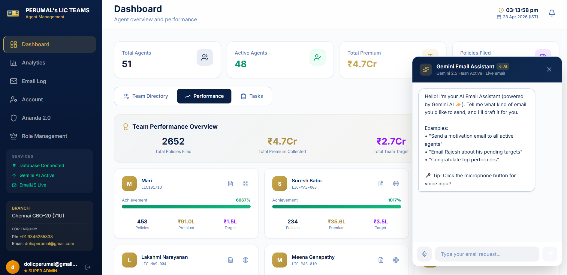 LIC Perumal Team — SaaS · Role Mgmt · Gemini Email